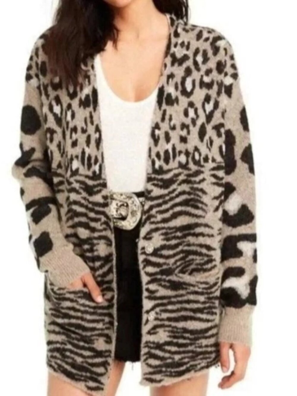Wildfox Oversized Wool Animal Print Cardigan Tan Black Leopard Cozy Size M